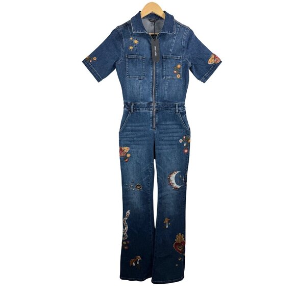 Driftwood embroidered jumpsuit Hallucination flare boho Y2K sz S - Picture 1 of 11